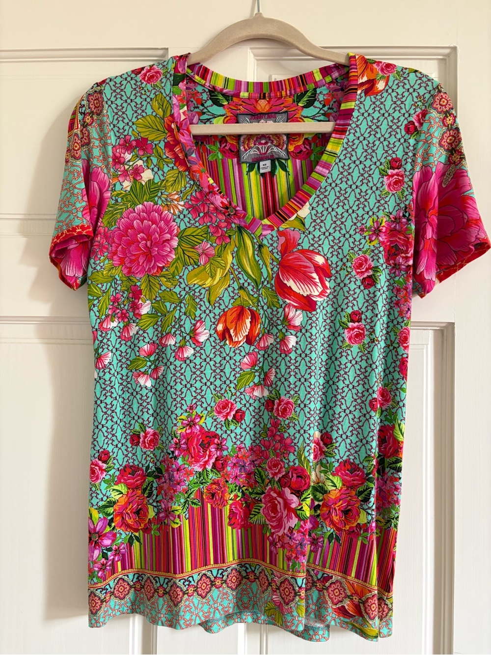 Johnny Was Turquoise Floral V‑Neck Short Sleeve Tee with Pink & Green Blooms